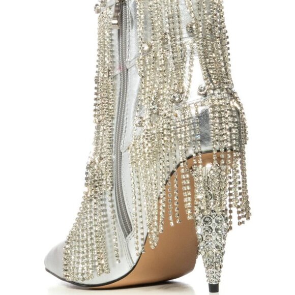 AZALEA WANG " DRIPPED DRAMA " DRIPPING DIAMONDS SILVER FRINGE BOOTIE(BRAND NEW ! - Picture 3 of 7